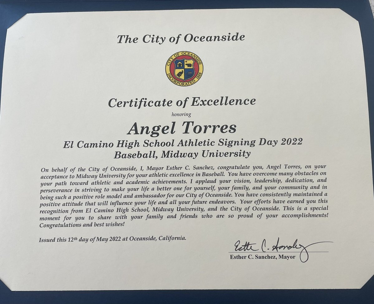 Very nice to be recognized by my city and mayor. Can’t wait to start my next at Midway University. <a href="/MidwayUBaseball/">Midway University Eagles Baseball</a> <a href="/CoachHarrisNCSA/">Davide Harris</a> <a href="/clippersPrimeSD/">USA Prime Clippers SD</a> <a href="/CoachBram5/">Luther Bramblett 🧢</a> <a href="/mudcatcoach/">chris copenhaver</a>