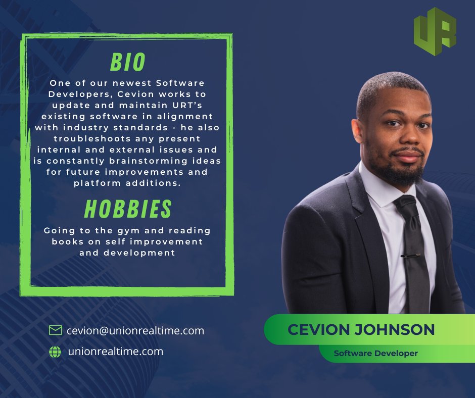 unionrealtime's tweet photo. MEET OUR TEAM! 🤝

Behind the heart of our brand are hardworking individuals who keep the wheels turning and the conversations churning.

This week, meet our Software Developer, Cevion Johnson! 👇

#meettheteam #behindthebrand #selfstorage #selfstorageinvestment https://t.co/OWGgw7zKHY