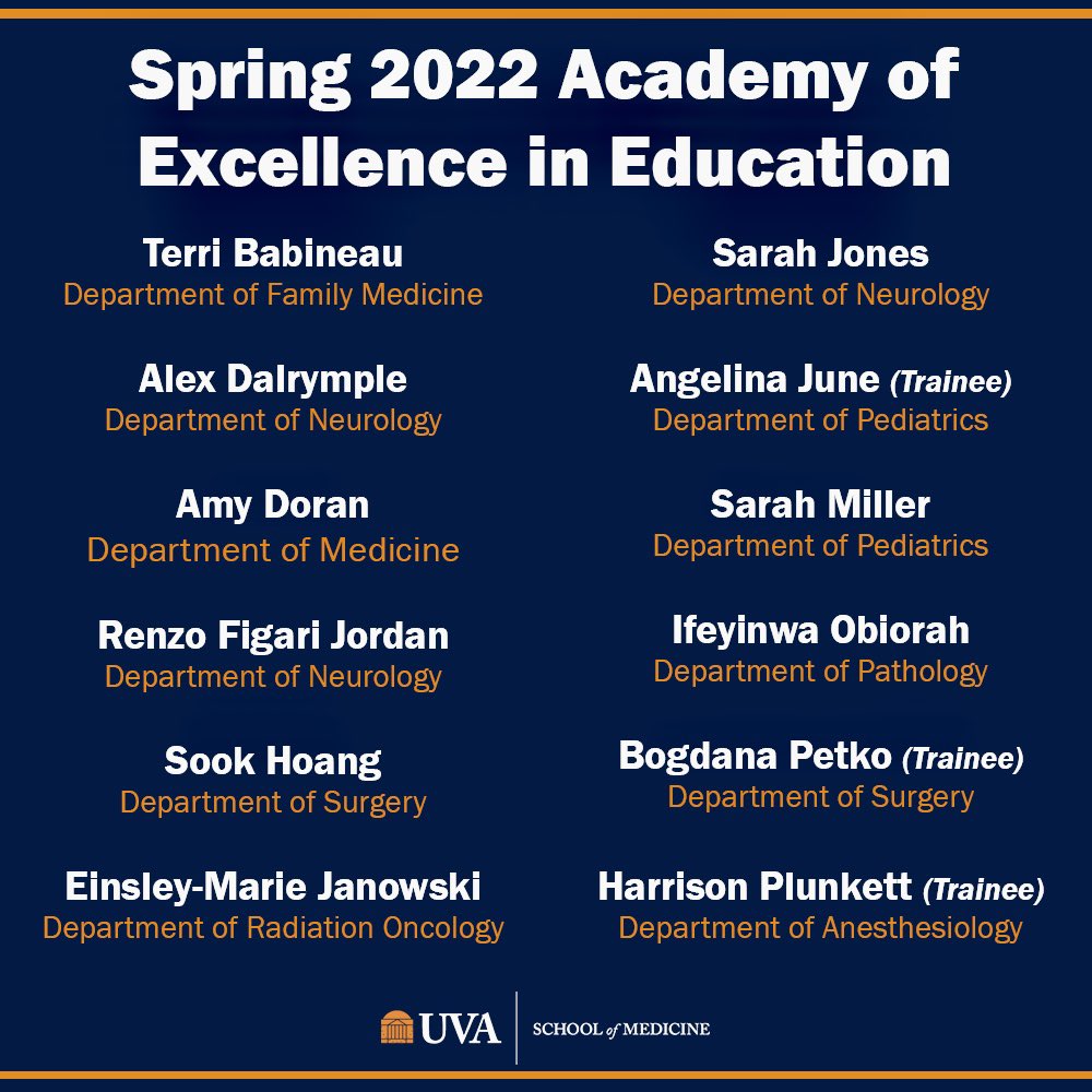 UVaAnesthesia's tweet photo. Very excited to introduce UVAโs SOM Academy for Excellence in Education newest members, including our very own Chief Resident Dr Harrison Plunkett! Congratulations Dr Plunkett and thank you for your dedication to education! #MedEd #PhysicianEducator #Anes #BestResidents https://t.co/ss48OuL0KK