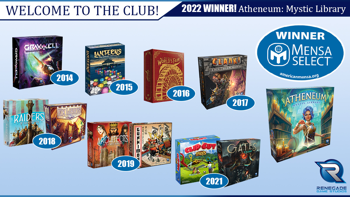 PlayRenegade's tweet photo. Atheneum joins the club of Renegade's #MensaSelect winners! 🏆 To celebrate, we're offering 20% off all in-stock award winners in our US webstore!
Check it out today ➡️ https://t.co/KeFS4WRezT https://t.co/WMTHN72IbU