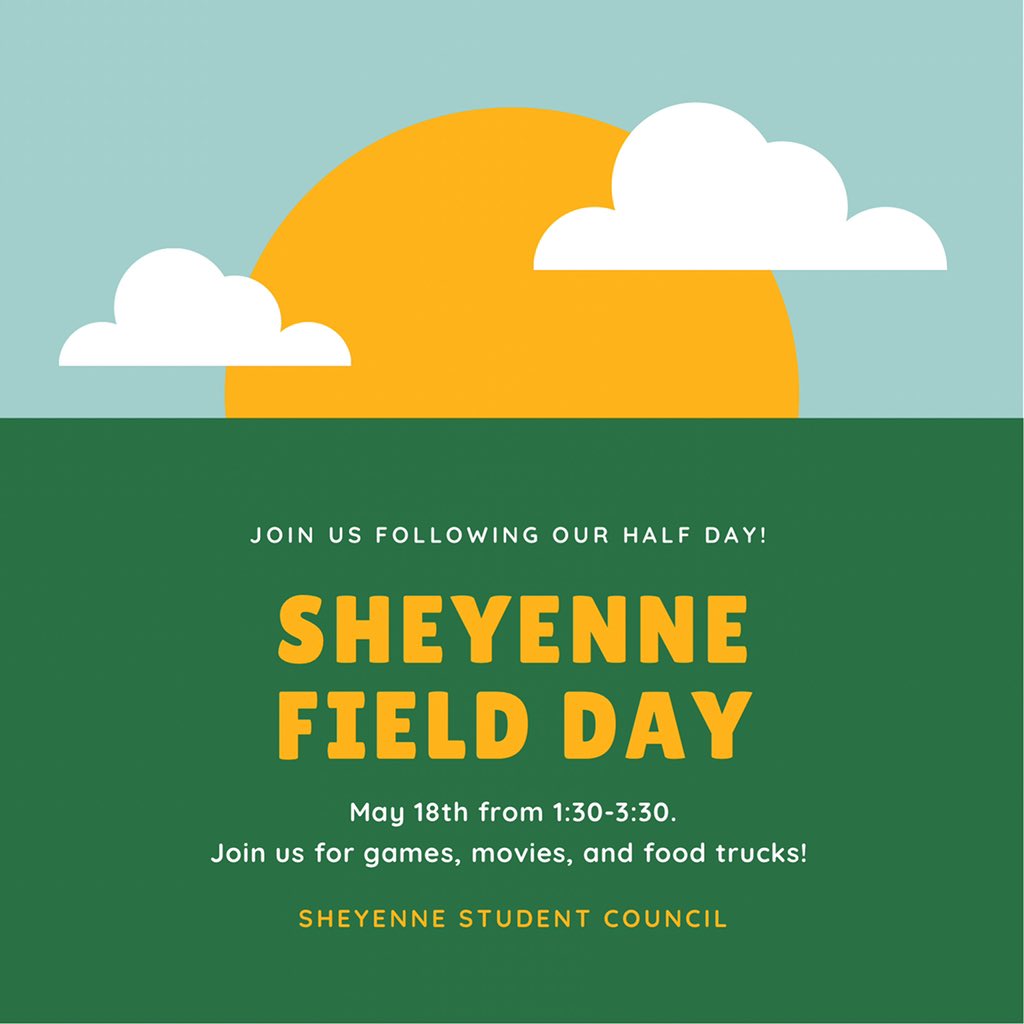 Attention Sheyenne Mustangs! 🚨

Join us next Wednesday for our first ever Sheyenne Field Day! Our student council has been working hard bringing together all of the wonderful organizations in our school! Come play games, watch movies, and eat good food!