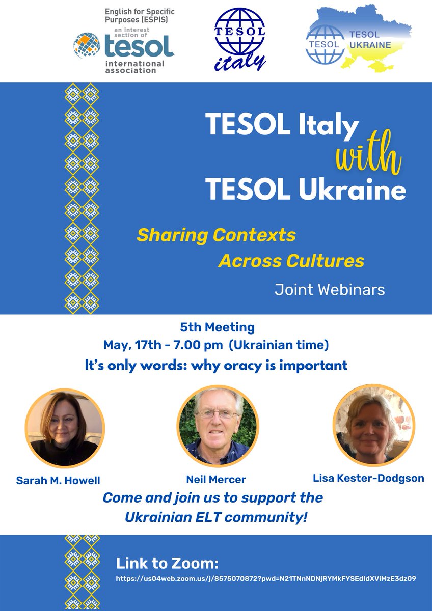 ItalyTesol's tweet photo. TESOL ITALY-TESOL UKRAINE 
We're delighted that Prof NEIL MERCER is joining us on May 17th at 7.00pm (Ukrainian time)  
"It’s only words: why oracy is important"  
Link: https://t.co/f5gaaKaqlK...
ID:74169734738
code: 1wsSzw
#ItalyTesol
#TesolUkraine
#OracyCambridge 
#OracyItaly https://t.co/yXcIb07NJQ