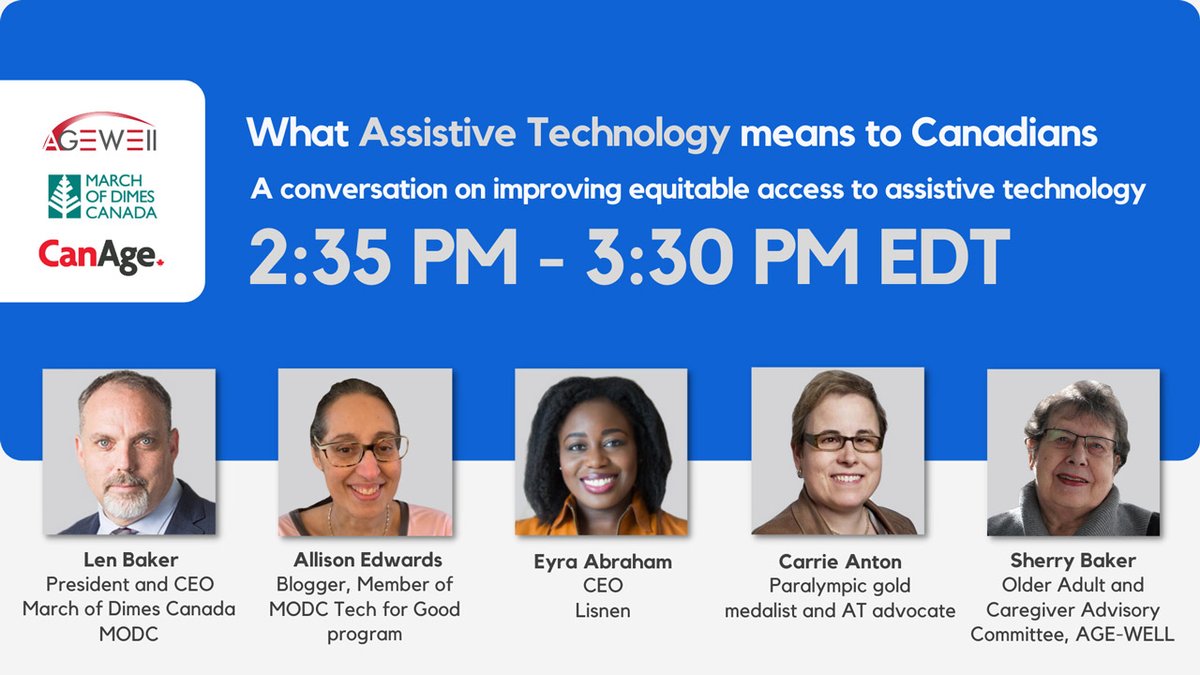 marchofdimescda's tweet photo. We're excited to talk about the importance of assistive technology for people with disabilities, the barriers to accessing it, and how we can improve equitable access to these technologies for all. Join us on May 17: https://t.co/psezgQJOaQ @AGEWELL_NCE @CanAgeSeniors https://t.co/o2didbUFSb