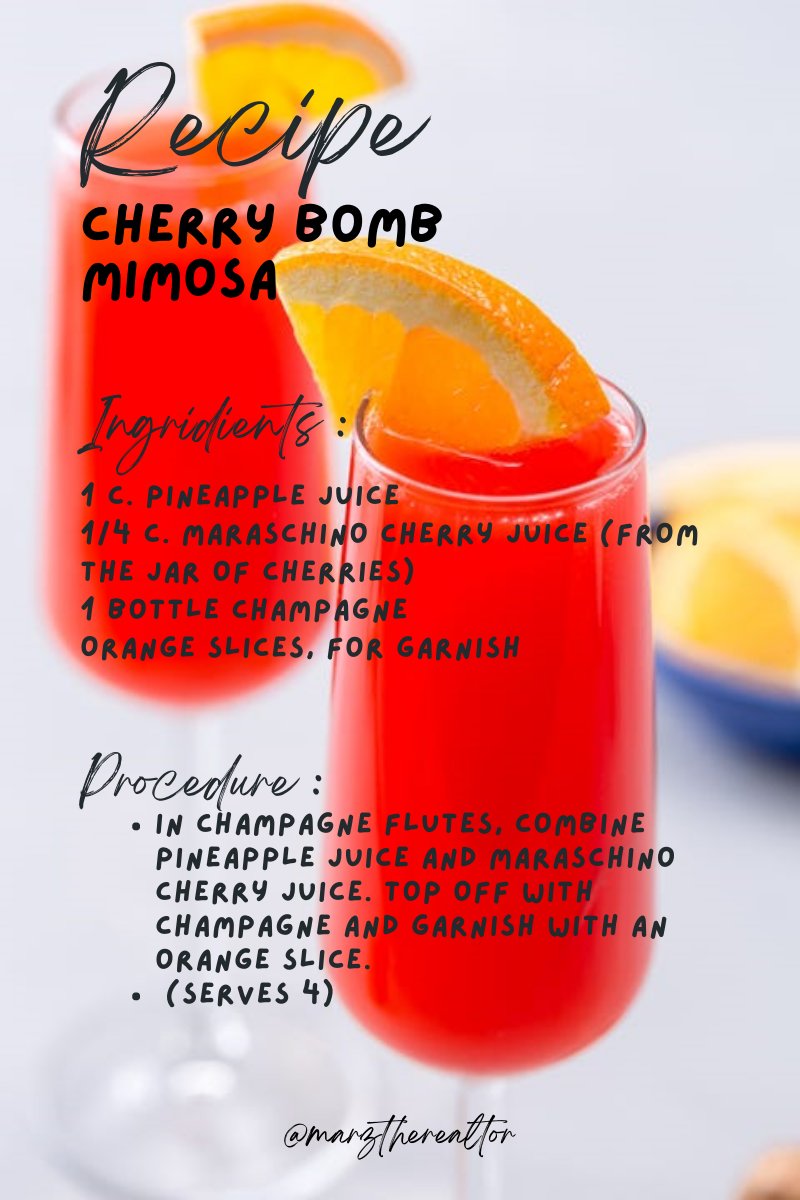 MarztheRealtor's tweet photo. Late Thirsty Thursday post, but here it is!
🍒Cherry Bomb Mimosa🍊
🌞Summer is almost here! The perfect summertime brunch must-have! 🍹Would you try this?? 🍾
#thirstythursday #marztherealtor #drinkoftheweek #cherrybomb #mimosa https://t.co/ghJc7pwYLw