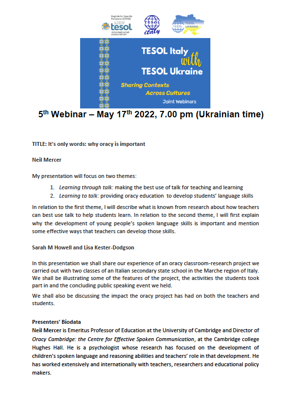 ItalyTesol's tweet photo. TESOL ITALY-TESOL UKRAINE 
We're delighted that Prof NEIL MERCER is joining us on May 17th at 7.00pm (Ukrainian time)  
"It’s only words: why oracy is important"  
Link: https://t.co/f5gaaKaqlK...
ID:74169734738
code: 1wsSzw
#ItalyTesol
#TesolUkraine
#OracyCambridge 
#OracyItaly https://t.co/yXcIb07NJQ