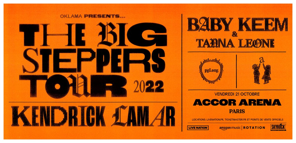 Après la sortie son dernier album, Kendrick Lamar est aussi de retour sur scène pour le #BigSteppersTour. Il sera le 21 OCTOBRE à l'Accor Arena #Paris 🔥🔥🔥
Ouverture de la billetterie => vendredi 20 Mai 😉