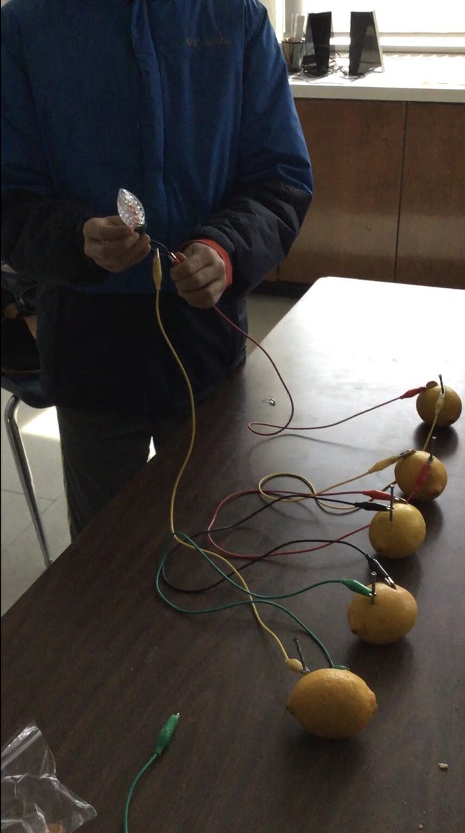 MsCherutti's tweet photo. After creating simple, series and parallel circuits in science, we created a circuit using lemons!! It was so neat to see our LED lights light up with lemons, pennies and nails replacing the power source of a battery! https://t.co/7AkC8XRnTi