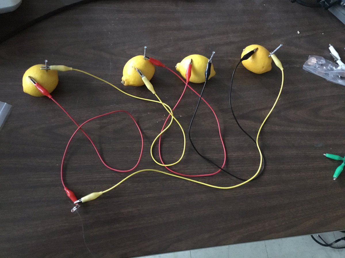 MsCherutti's tweet photo. After creating simple, series and parallel circuits in science, we created a circuit using lemons!! It was so neat to see our LED lights light up with lemons, pennies and nails replacing the power source of a battery! https://t.co/7AkC8XRnTi