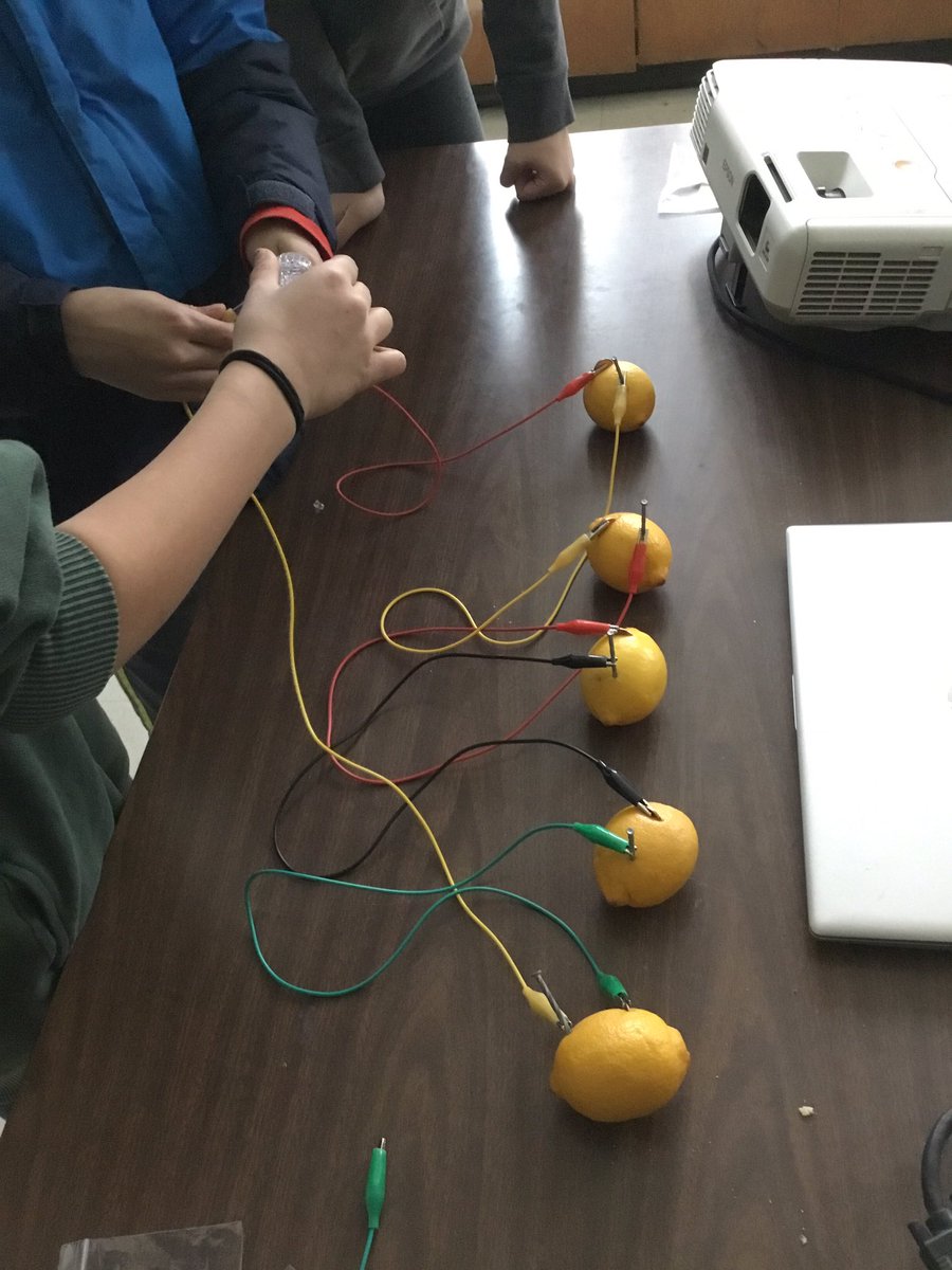 MsCherutti's tweet photo. After creating simple, series and parallel circuits in science, we created a circuit using lemons!! It was so neat to see our LED lights light up with lemons, pennies and nails replacing the power source of a battery! https://t.co/7AkC8XRnTi