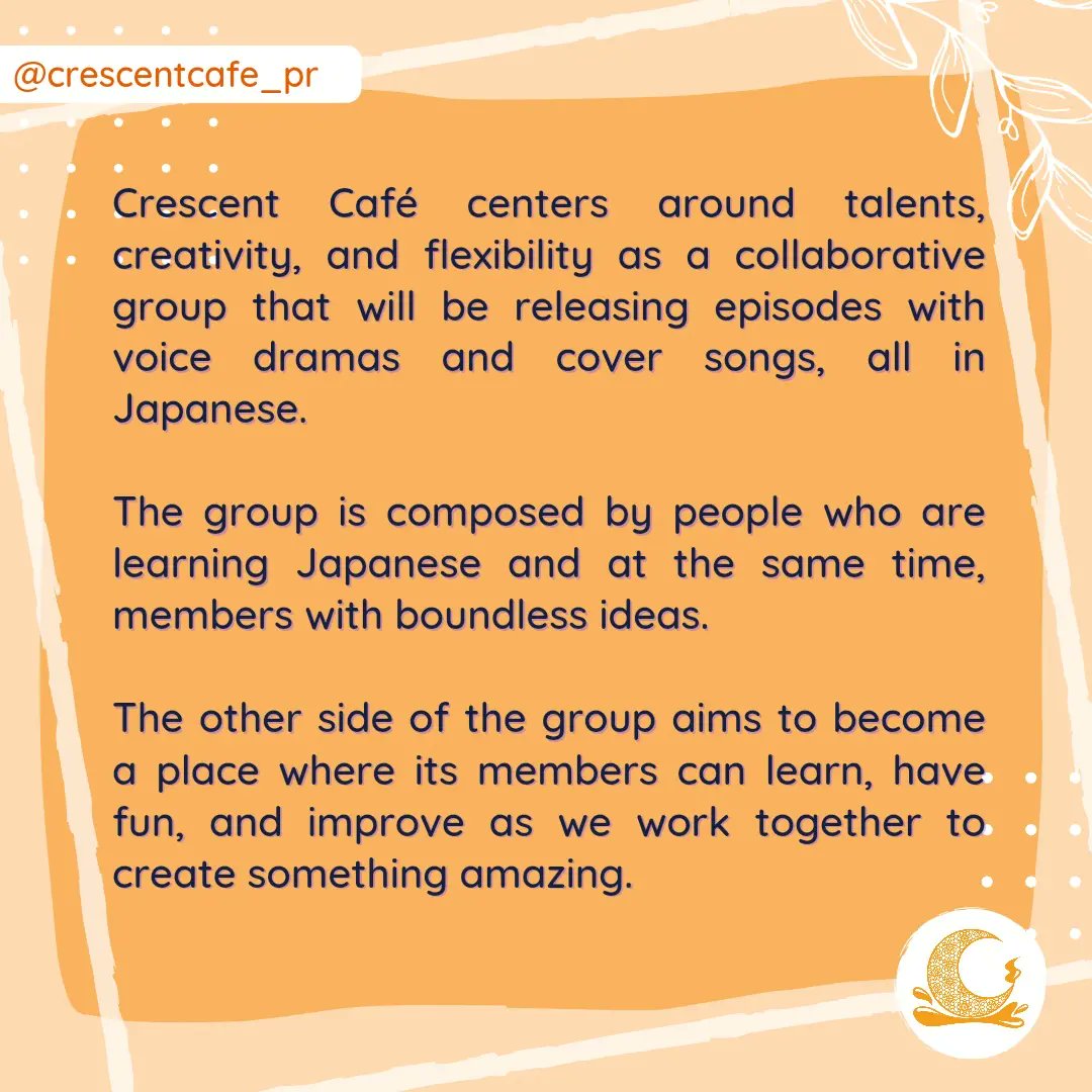 CrescentCafe_PR's tweet photo. 🌜WANT TO KNOW MORE ABOUT US?

We are a Japanese mix-media cover project! You can check our website or join our Discord Server and talk with our staff!! ✨

🔗Web: https://t.co/wFSnLf9Em1
🔗Discord: https://t.co/jvH3mATHMX https://t.co/dxpxxn3anU