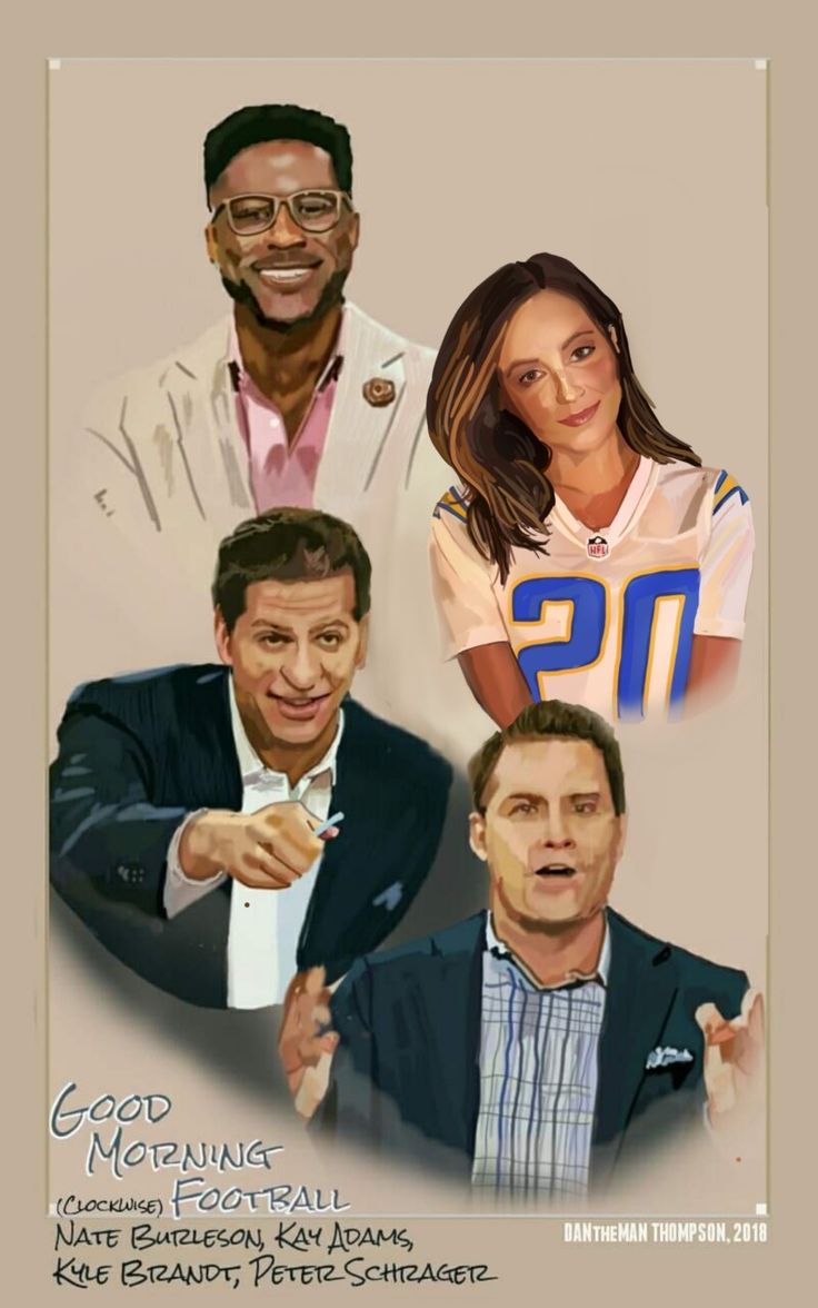 DANtheMAN607's tweet image. #DANtheMAN607 illustration 
My favorite show Good Morning Football #GMFB is losing its host Kay Adams. This is art of the original 4. #KayAdams @heykayadams @nateburleson @PSchrags @KyleBrandt