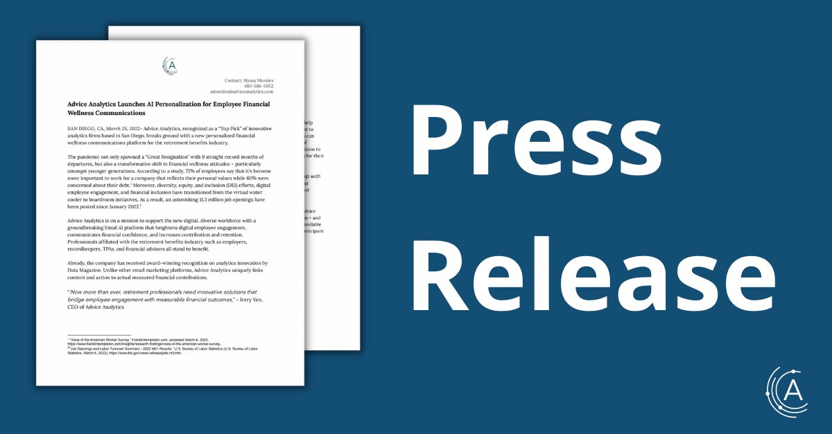 AdviceAnalytics's tweet photo. BREAKING NEWS: Our Email AI makes headlines in the 7 TRILLION retirement industry! With our Email AI, professionals affiliated with the retirement benefits industry all stand to benefit. Read our press release to learn more! https://t.co/f1zbj2oJpB https://t.co/LCBxYcparw