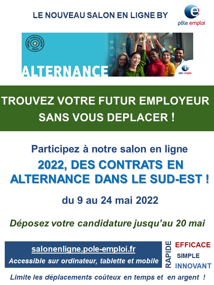 MyriamRahai's tweet photo. Le e-salon de l'alternance "2022, des contrats en alternance dans le sud-est!" se poursuit jusqu'au 24 mai !

Plus de 80 offres d'emploi disponibles!
Candidatures ouvertes jusqu'au 20 mai 🗓️

@pole_emploi https://t.co/GXsDRFhzl0