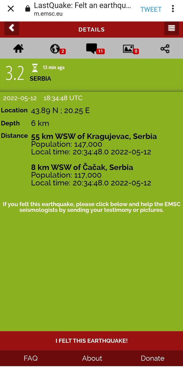 JelenaMKandic's tweet photo. V.E. @jeremic_vuk,
Postovani @predsednikrs,
#Čačak je sinoć 12.05.2022.godine imao 2 #zemljotres-a, a ne samo jedan.
Jedan jačine 3.2 po Rh sa epicentrom u #Rtari #Pakovraće.
Drugi jačine 3.1 po Rh sa epicentrom u #GornjiTrbušani iznad separacije kod reke #Čemernica. https://t.co/DEenpPvl9h
