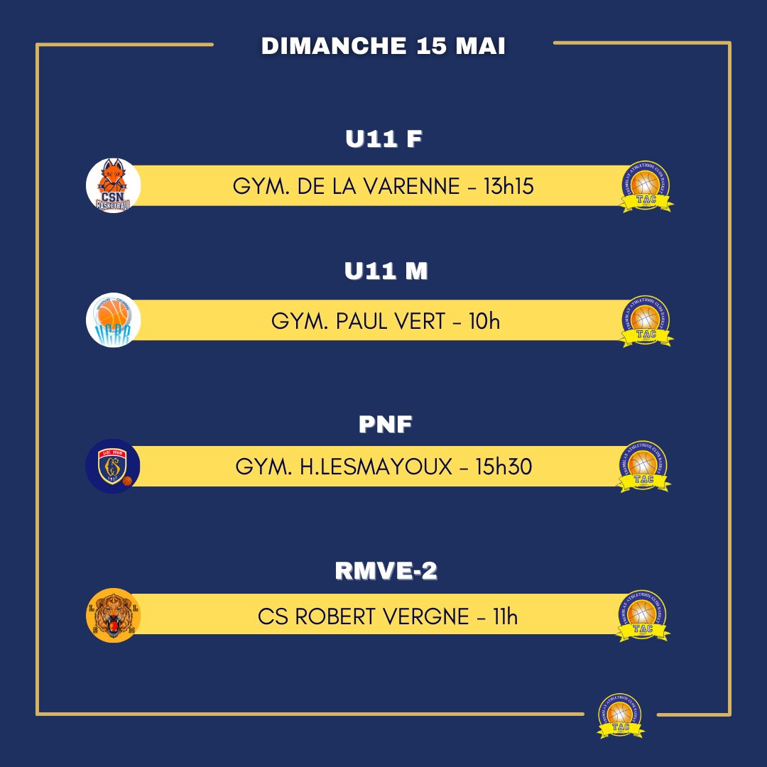 Voici le calendrier des matchs de ce week-end 🔥
.
.
.

On compte sur vous pour venir encourager les équipes à domicile 💪🏽

Go Tremblay ! 🏀