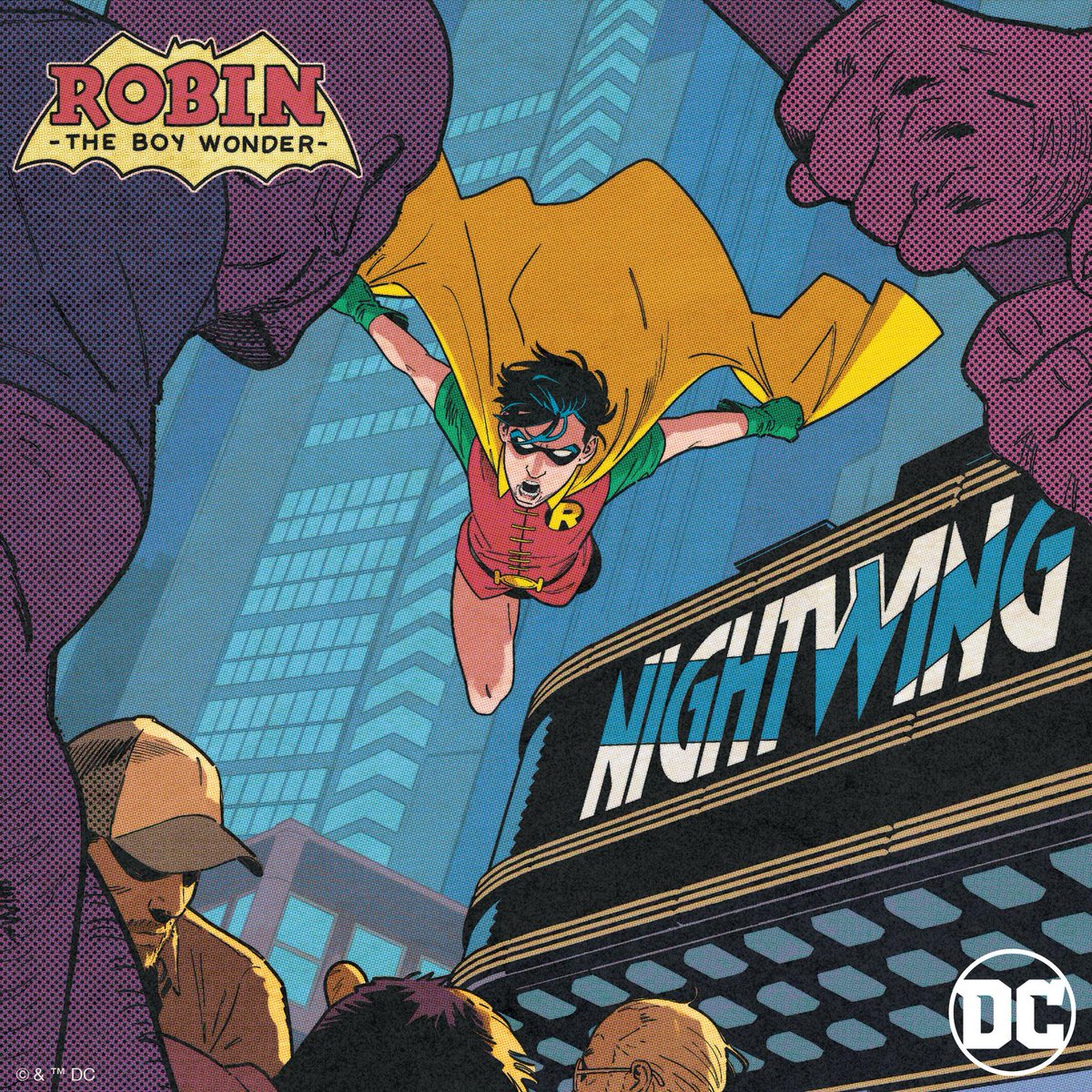 Preview of NIGHTWING #92 - flashback to when Dick Grayson was Robin. Robin dropping into frame, a marquee that reads "Nightwing" to his right.