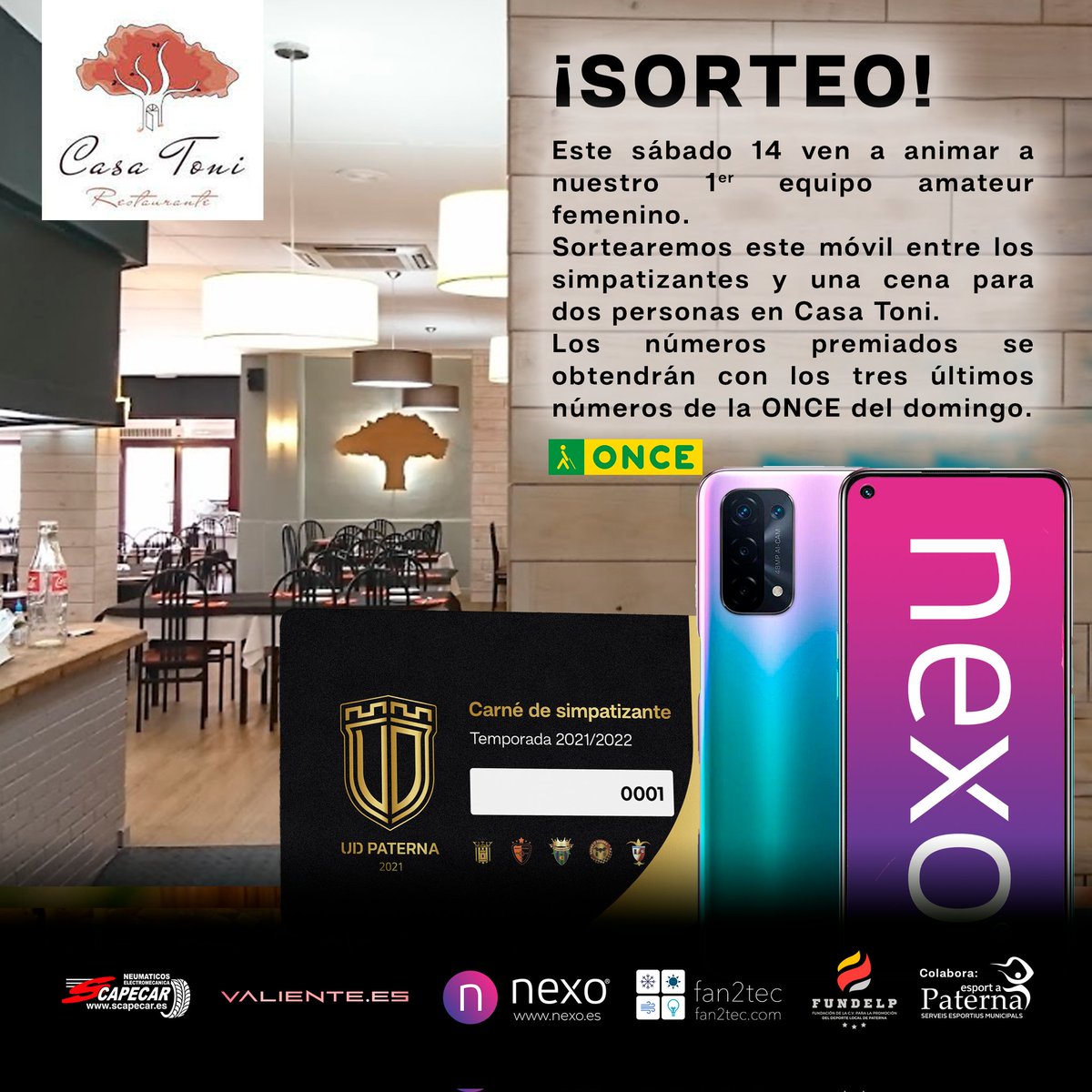 UDPaterna_es's tweet photo. 🤩 SORTEAZO 🤩

Este sábado 14 a las 18:00 nuestro 1er equipo amateur femenino se juega el ascenso. Ven a animarles a conseguir su meta y podrás ganar entre un móvil 📱 OPPO 5G última generación 😱 o una cena para dos en el restaurante 🍽️ Casa Toni 😱 
#sorteo #masunion https://t.co/DP8qgl3awm
