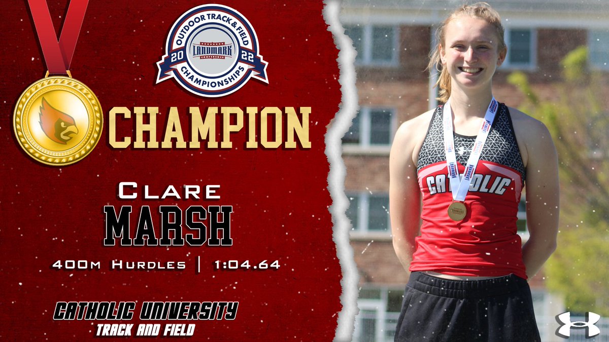 CatholicU_XCTF's tweet photo. Congrats to Clare Marsh for taking home the Gold in Women's 400m Hurdles at the 2022 Landmark Conference Outdoor Track and Field Championships! Her time breaks the facility record at Juniata and lowers her own school record! #catholicutf #champ #landmarkconference #400hurdles https://t.co/uSC8RAwXqY