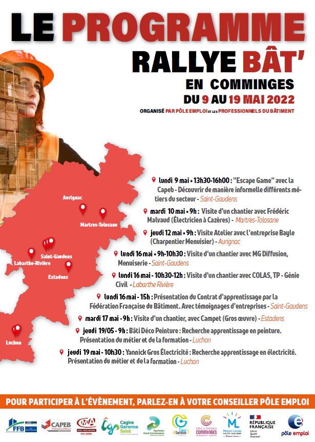 Le Rallye Bât en Comminges est de retour pour l'édition 2022. 
➡️Objectif : faire découvrir à nos publics les métiers du BTP, favoriser les échanges et les recrutements, accélérer le retour à l'emploi
#poleemploi #emploi #comminges #BTP 
@Poleemploi_oc