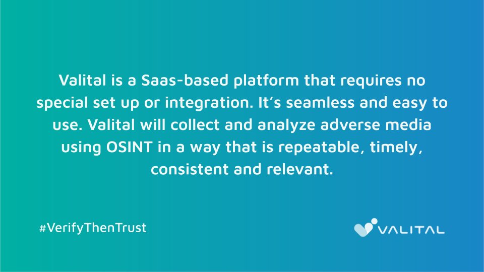 Valitalhq's tweet photo. "Wish all apps were as easy as yours!"

That's what one of our clients in professional services had to say about #Valital. As a Saas-based adverse media monitoring platform, onboarding is almost automatic. No integration or training is required. 

Learn more at our link in bio! https://t.co/CmojcW9HEa