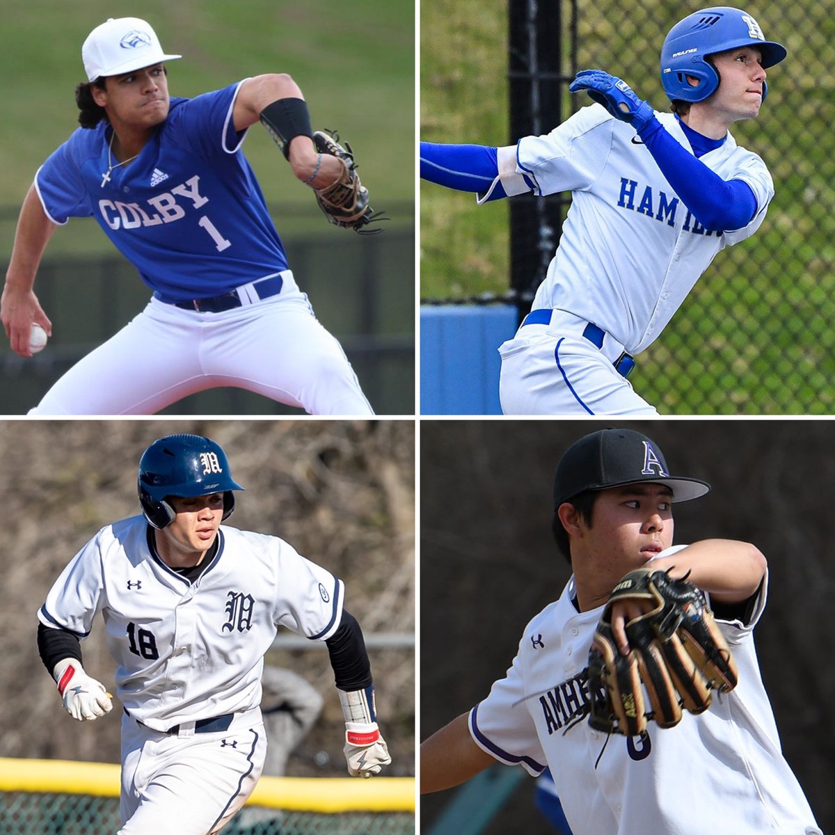 NESCAC's tweet photo. BSB 🏆 | Quarterfinal winners @AmherstMammoths, @themules, @HamCollSports, and @MiddAthletics compete for the title. 

Trinity College hosts the double-elimination portion of the tournament starting Fri., May 13 at 2:30 pm through Sun., May 15.

> https://t.co/9H2PRMsZFi https://t.co/hpgnrLaUxH