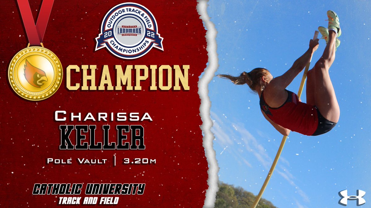CatholicU_XCTF's tweet photo. Congrats to Charissa Keller for taking home the Gold in Women's Pole Vault at the 2022 Landmark Conference Outdoor Track and Field Championships! Defending her title from last year, her jump breaks her own school record! #catholicutf #champ #landmarkconference #polevault https://t.co/B49exUxaxQ