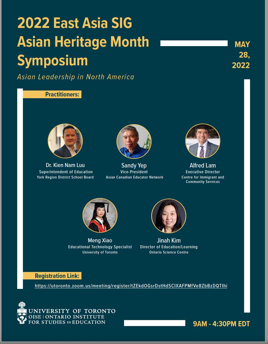 This symposium features prominent scholars, leaders, and exceptional students. Please join us on May 28 at 9:00am to celebrate and discuss Asian leadership. <a href="/OISEUofT/">OISEUofT</a>  <a href="/JosephWongUT/">Joseph Wong</a> <a href="/KienNLuu/">Kien Nam Luu | 劉建南 | PhD</a> @DrMaryReid <a href="/XiaobeiC/">Xiaobei Chen 陈小蓓</a> <a href="/LepingMou/">Leping Mou, PhD</a> <a href="/JadeYujia/">Yujia Jade Shi</a> @ProfWayneAu