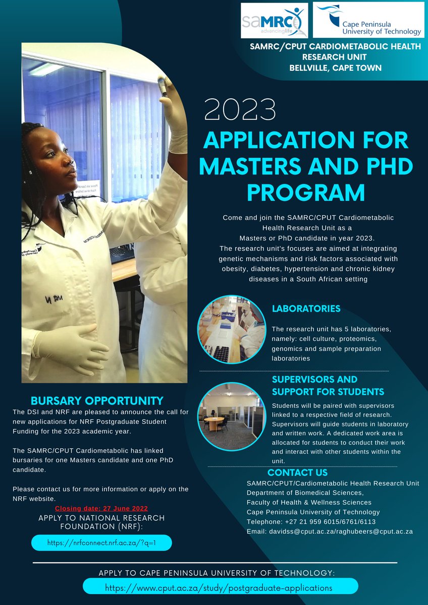 CMHRU_ZA's tweet photo. Apply today to join the SAMRC/CPUT Cardiometabolic Health Research Unit in 2023 as a Masters or PhD candidate. Email us for more info: davidss@cput.ac.za or raghubeers@cput.ac.za #masters #PhD #wearecput @cput @NRF_News #bursary  #CVD #genomics #genetics #hypertension #diabetes https://t.co/wfVPd1K7at
