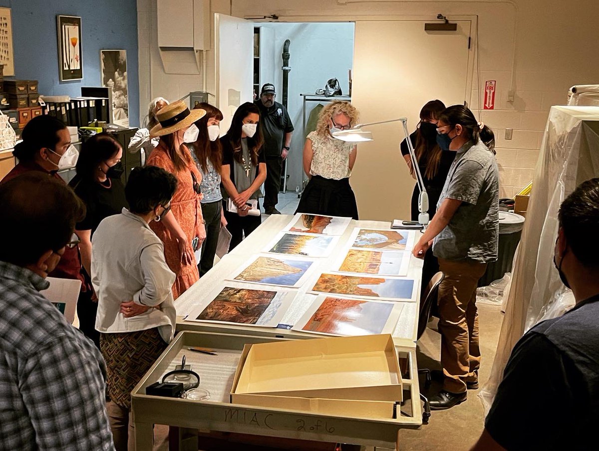 MIACSantaFe's tweet photo. Thursday May 12th, MIAC hosted fellows and staff from the Lunder Institute for American Art at Colby College: Pictured here are Horizons co-curators Hadley Jensen and Rapheal Begay (Dine), sharing information about the connections between photography, weaving, and landscape. https://t.co/GzCflbTrD4