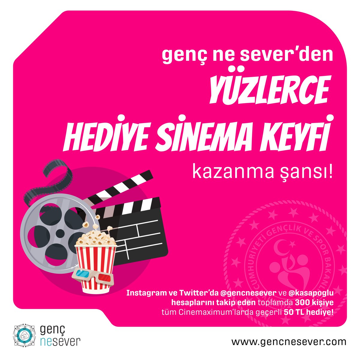 🎥Instagram ve Twitter’daki <a href="/gencnesever/">genç ne sever</a> ve <a href="/kasapoglu/">Dr. Mehmet Kasapoğlu</a> hesaplarını takip eden toplamda 300 gencimize tüm Cinemaximum’larda geçerli 50 TL hediye!  

📌Çekilişe katılmak için bu gönderiyi retweet yapıp <a href="/gencnesever/">genç ne sever</a> ve <a href="/kasapoglu/">Dr. Mehmet Kasapoğlu</a> hesaplarını takip etmeniz yeterli!