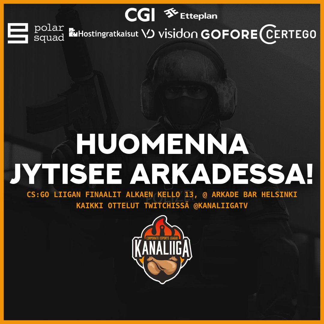 Tule katsomaan kauden päätöstä huomenna <a href="/ArkadeBar/">Arkade Bar</a> Helsinkiin! Pelit alkavat kello 13. Kaikki pelit myös osoitteessa twitch.tv/kanaliigatv👀

PS. Vielä ehtii käydä äänestämässä kauden parasta clippiä osoitteessa bit.ly/37HbghA

#kanaliiga #firmaliiga #esportsfi #csgofi