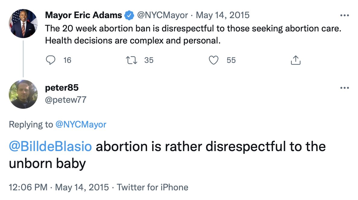 mcwm's tweet photo. interesting problem with political accounts transferred to new people. I found this by googling "Eric Adams abortion" (wanted to see if he'd said anything about the recent news) and I got sent to this tweet which was clearly sent by @BilldeBlasio, but now has Adams' name aside it https://t.co/WCJAIcEUtE