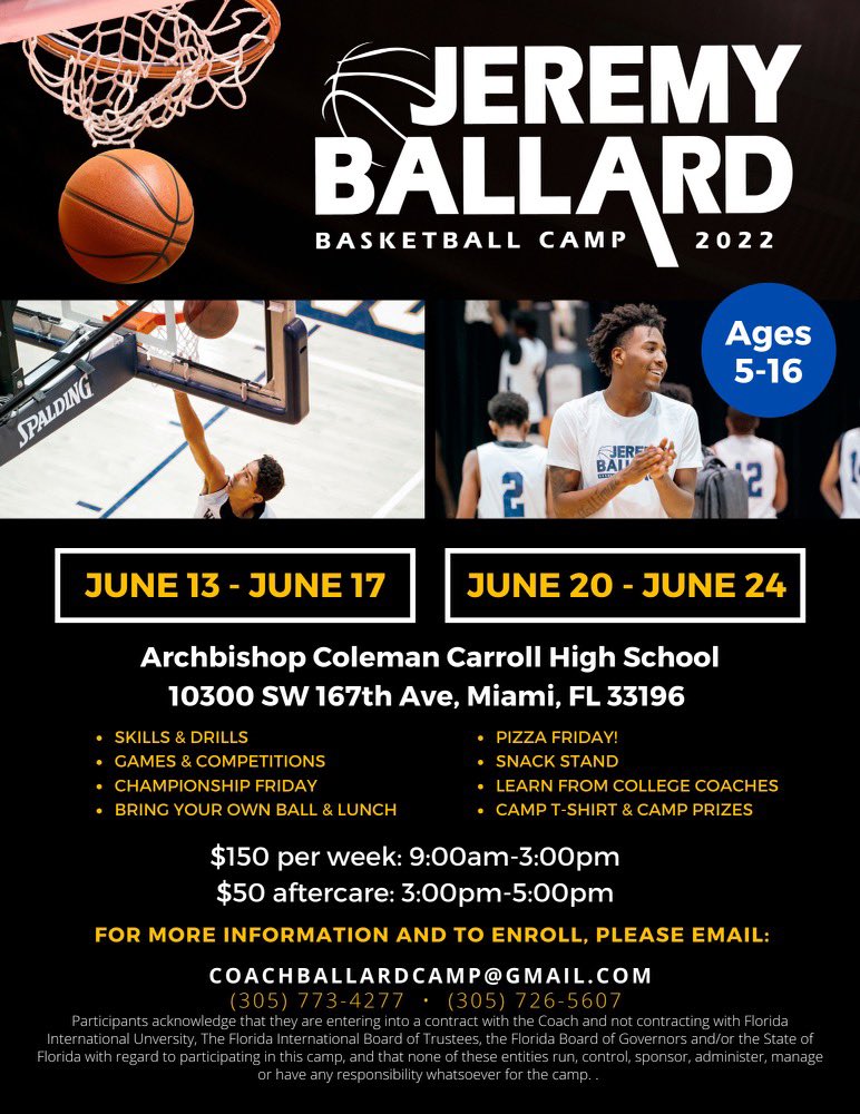 DAY CAMP IS HERE! Use the link below to register for 1st annual Jeremy Ballard Day Camp taking place at Archbishop Coleman Carroll. Spots are filling up fast! ⬇️⬇️                                    coachballardcamp.com/event-details/…