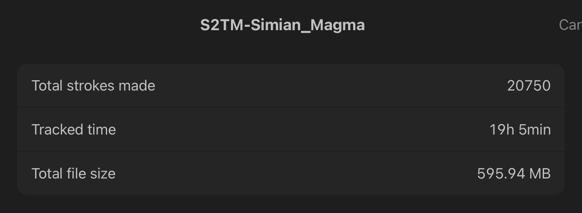 riskR3D's tweet photo. So just remembered that Procreate has a statistic page for every document/artwork

Here’s the Magma Simian stats #S2TM https://t.co/v1U21db4o6
