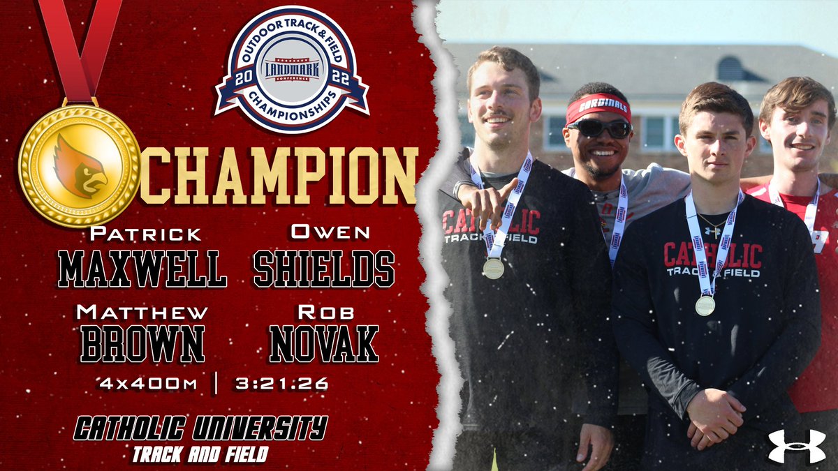 CatholicU_XCTF's tweet photo. Congrats to Patrick, Maxwell, Owen Shields, Matthew Brown, and Rob Novak for taking home the Gold in Men's 4x400m relay at the 2022 Landmark Conference Outdoor Track and Field Championships! Their time also broke the facility record at Juniata! #catholicutf #champ #landmarkconf https://t.co/QKleNV5BkH