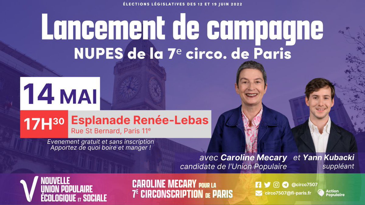 circo7507's tweet image. Le lancement de la campagne #NUPES de la #circo7507 c'est demain 🎉

🗓 Samedi 14 mai
🕒 17h30
📍 Esplanade Renée-Lebas (Paris 11e)

➡️ Avec notre candidate @carolinemecary et son suppléant @KubackiYann

#paris4 #paris11 #paris12 #législatives2022