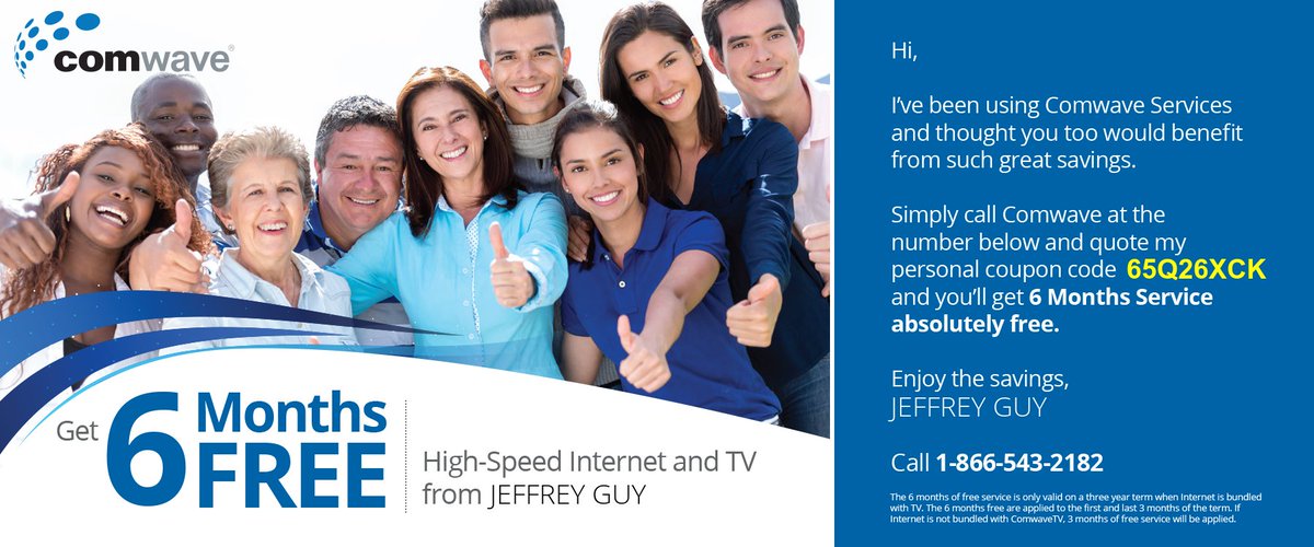 ijgprojects's tweet photo. The Comwave Refer-a-Friend Program!
Use my personal promotion code 65Q26XCK or call 1-866-543-2182 to sign up for Comwave Internet or the Comwave TV bundle and get 6 MONTHS OF FREE SERVICE!
I will get a $100 referral few, you get 6 MONTHS of FREE SERVICE
#free #referral #comwave https://t.co/0bqD5HLc4e