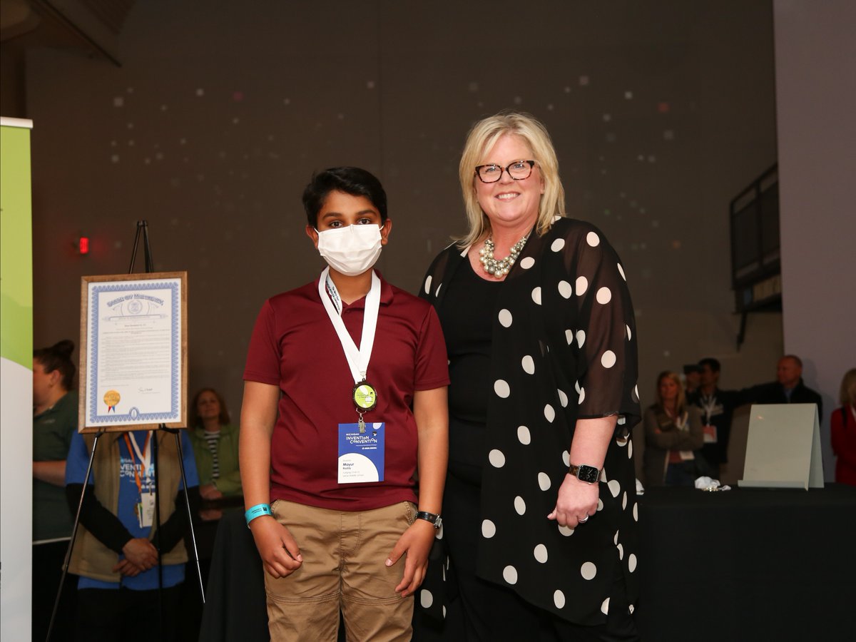 thehenryford's tweet photo. Congratulations to Mayur R., a sixth grader at Saline Middle School, for winning the Consumer Goods and Fashion Award presented by @Macys at Invention Convention Michigan, presented by @DeltaDentalMI. Mayur’s winning invention was the Shakey Wakey. Awesome job! #ICMich2022 https://t.co/kXskkydPoO