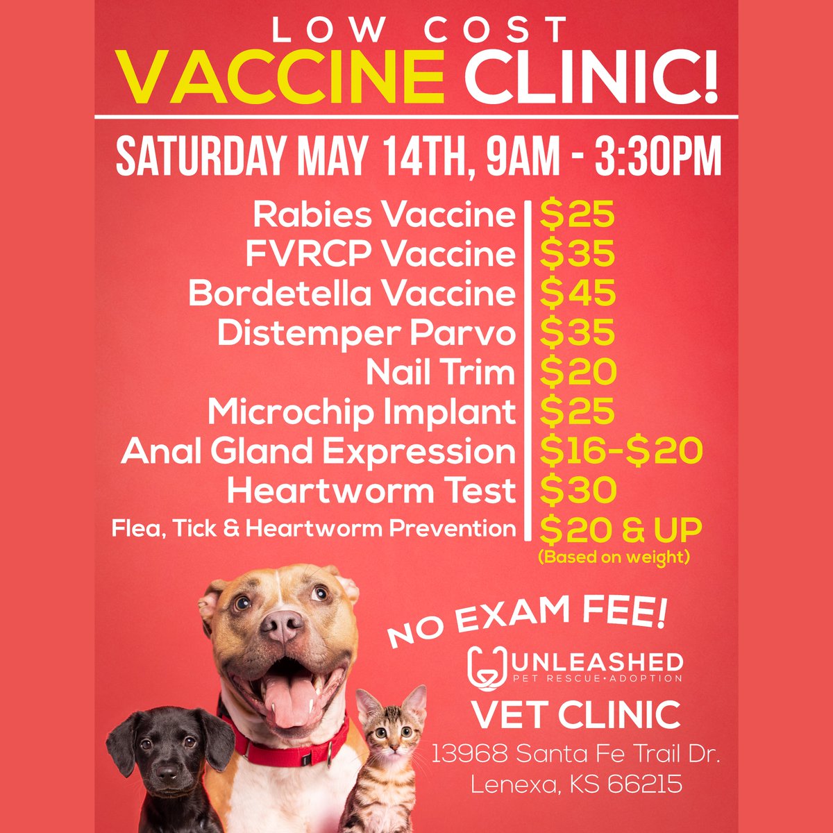 HAPPENING TOMORROW! ✔️📅🐾💉💊
LOW COST DRIVE-THRU VACCINE CLINIC! 9AM - 3:30PM
No appointment necessary!  
Unleashed Vet Clinic:
13968 Santa Fe Trail Dr.
Lenexa, KS 66215
💙💉💙💉💙💉💙