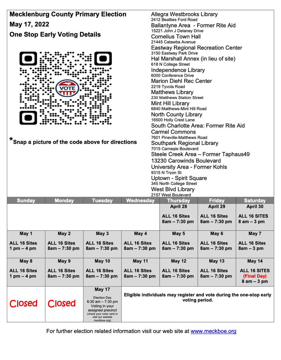JoeBrunoWSOC9's tweet photo. Tomorrow is the last day of early voting and the last day you can vote at any open polling site in your county. Tuesday you have to vote at your precinct. Here’s the EV sites in Meck https://t.co/LrrGi1PXyR