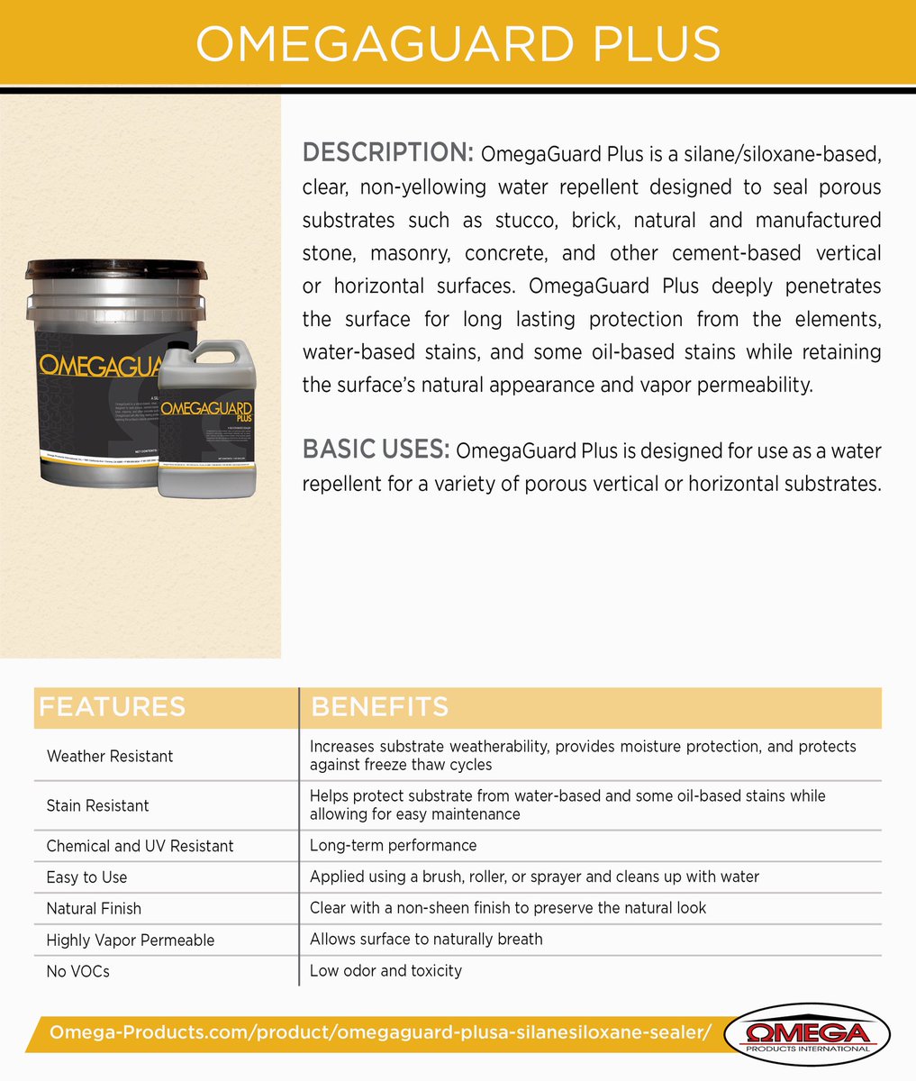 OmegaGuard Plus is designed for use as a water repellent for a variety of porous vertical or horizontal substrates.
 
#omegaproducts #abcs #omegaguardplus #admixes #bonders #cleaners #sealers #buildingmaterials #americanmade