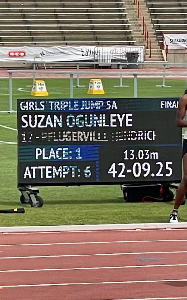 HendricksonTand's tweet photo. How about setting the 2022 track season's best girls HS Triple Jump in the NATION,  Suzan? Well you got it today. Congratulations! https://t.co/cFPt1MFDXl