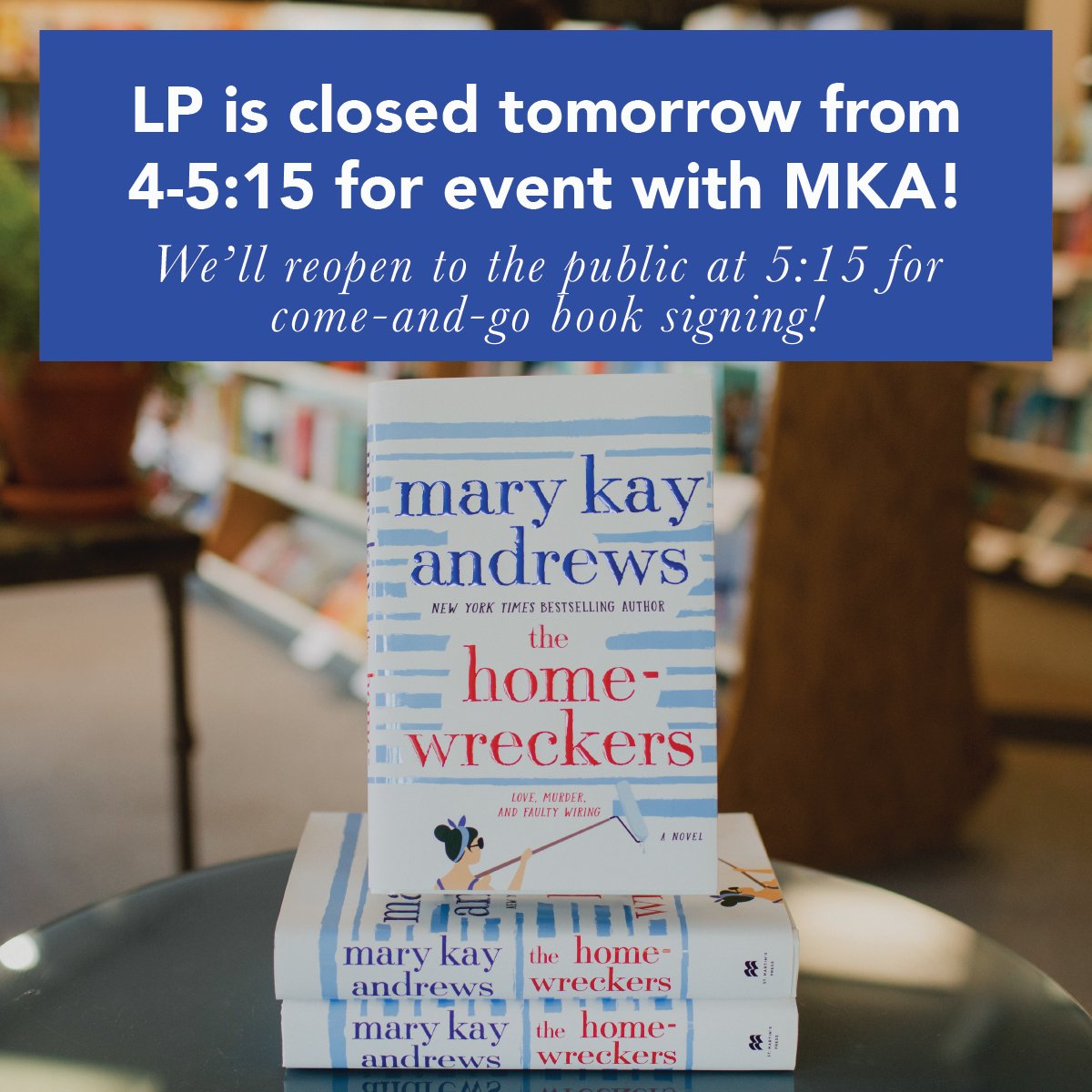 Tomorrow we're closing from 4:00pm - 5:15pm for our special event with MKA &amp; Patti Callahan! That said, if you missed sign-up, we'll open our doors at 5:15 to give the public a chance to have their books signed. For all other shoppings, be sure to come visit us tomorrow morning.