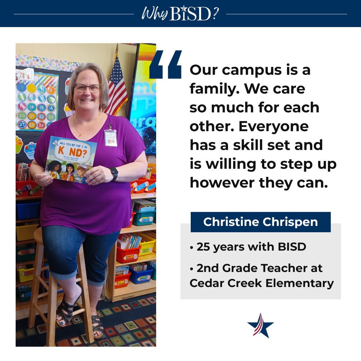 BastropISD's tweet photo. Christine Chrispen has been with Bastrop ISD for over 25 years. See why she chooses to teach second grade at Cedar Creek Elementary. #WhyBISD https://t.co/KJpk7UQ0LK
