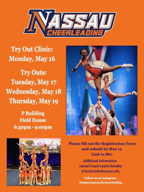 Anyone interested in trying out for the Nassau Community College Cheerleading Team…the tryout clinic and tryouts are Monday - Thursday, May 16-19.  Please register asap!  The link is in our Instagram bio.  See all new, returning and transfer student athletes Monday! 💙🦁
