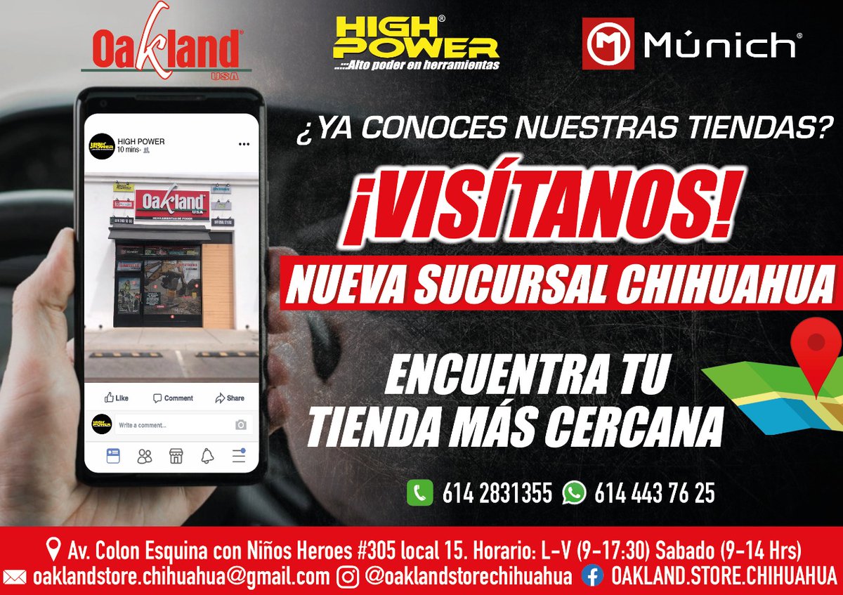 HighPowerMexico's tweet photo. #TIENDAOAKLANDCHIHUAHUA Conoce nuestra NUEVA!! tienda Oakland en CHIHUAHUA por inauguración aprovecha las grandes promociones que tenemos para ti. ¡Te esperamos! 👏👏
#highpowerdemexico
#oaklandherramientas
#Munich
#Oakland
#Electromex
#Magnalux

🌐 https://t.co/SFYJYP16OM https://t.co/xwue3q55NO