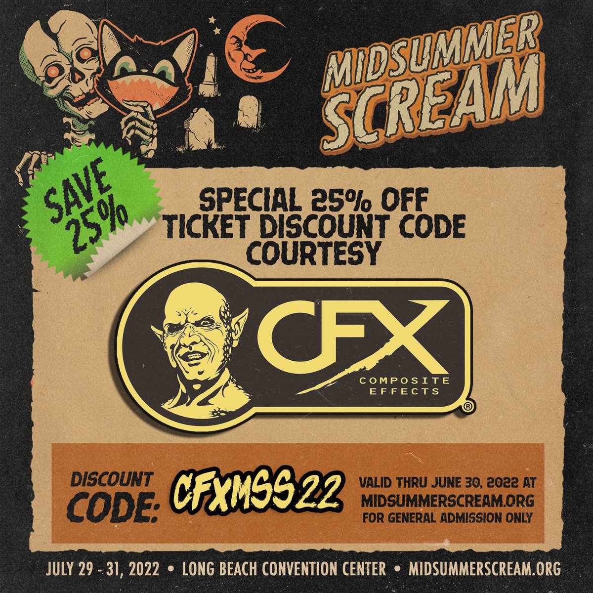CFXunmasked's tweet photo. Planning on seeing us at @MidsummerScream and looking to save a bit of cash to spend on a mask?
🎟You can SAVE 25% off your #GA tickets using our custom code: CFXMSS22 at https://t.co/Y7D9uVI2RH, valid through June 30, 2022!🎟
#CFX #CompositeEffects #CFXMasks #MSS2022 #CFXMSS22 https://t.co/9A4dyd3MYj