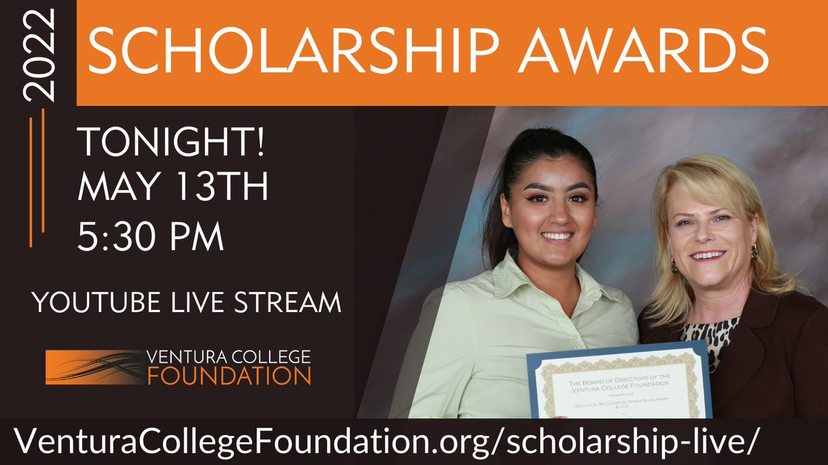 VC_Foundation's tweet photo. Join in on the celebration of the VC Foundation's 33rd Annual Scholarship Awards Ceremony streaming live on YouTube tonight, 5/13 at 5:30 p.m. https://t.co/FQsbiNFkAO #VCFScholarShips #VenturaCollege #VenturaCollegeFoundation #VCFoundation @OfficialVCCCD @ventura_college https://t.co/YWYmjp6BM5