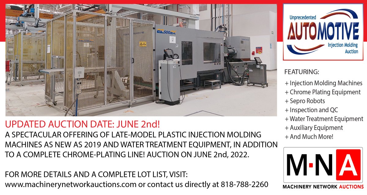 machineauctions's tweet photo. Now Rescheduled for June 2nd! Auction of late-model plastic injection molding machines and water treatment equipment, as well as a complete chrome-plating line! Inspection June 1st. #usedmachinery #plasticsmachinery #usedplasticsmachinery #injectionmolding #usedinjectionmolding https://t.co/Q1vnEGBq7n