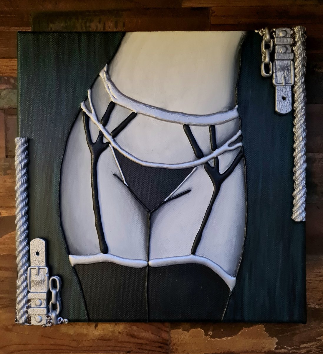 RubenAltArt's tweet photo. Usually, I use pastels for #body/ #figure work, but I wanted to try that subject in combination with my #mixedmedia style. 
I've used #garnets in the corners and the canvas is 10x10inches ❤
#art #bdsm #rope #lingerie #eroticart #art #talentbeyondchallenges #NSFW #nsfwart https://t.co/nS4zEEcoUf
